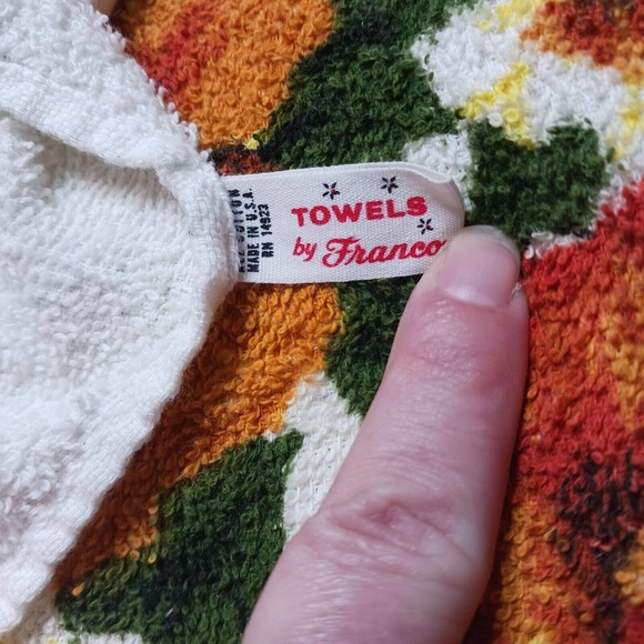 Vintage Bath Towel Set of 2 Gold Orange Brown Green Colors Flowers Retro Fringe - Picture 8 of 10